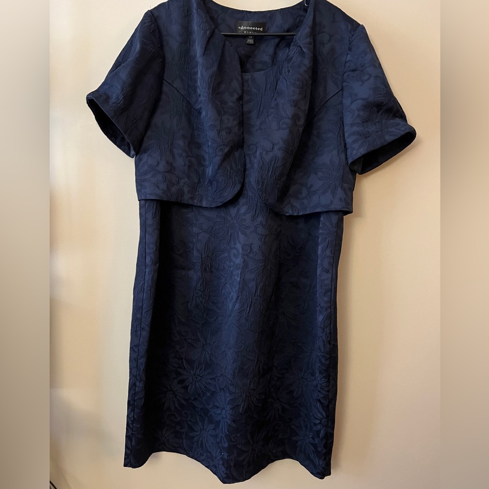 Connected Woman Navy Floral Jacquard Dress & Jacket Set (Size 18W)